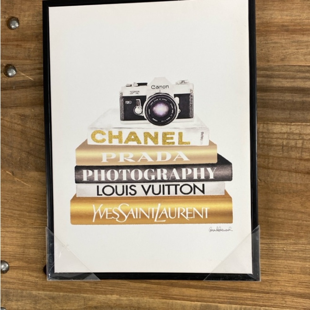 Luxury Camera & Fashion Book Stack Wall Art Print - Gold, Black, White